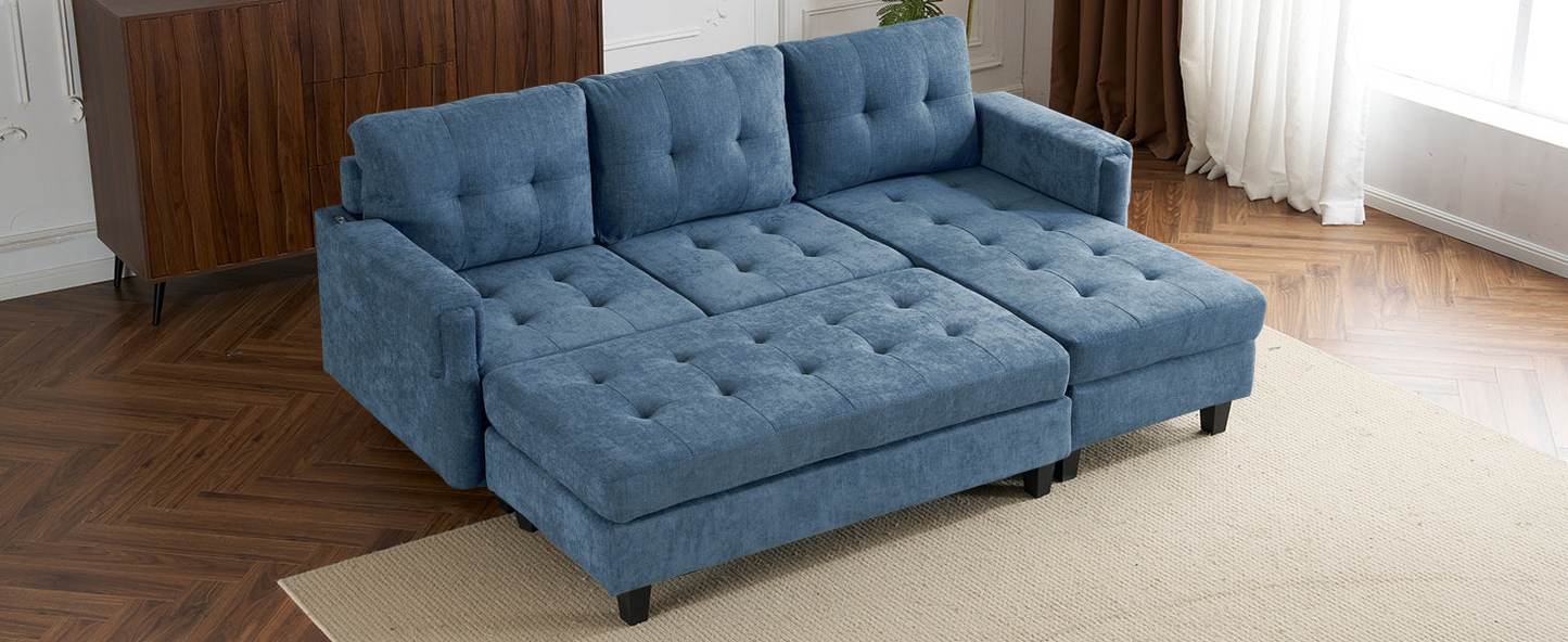 83.4" L-shaped Sofa Sectional Couch Sofa Bed with Two USB Ports, a Movable Ottoman and a Reversible Chaise Lounge for Living Room, Navy Blue