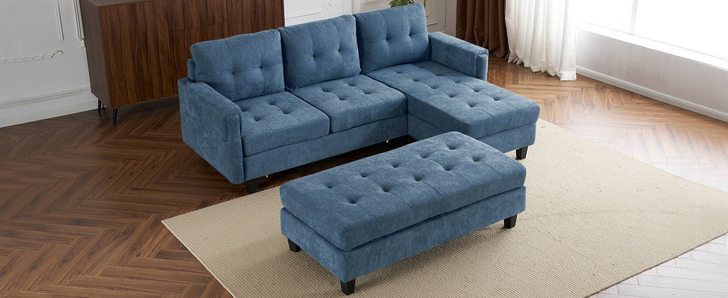 83.4" L-shaped Sofa Sectional Couch Sofa Bed with Two USB Ports, a Movable Ottoman and a Reversible Chaise Lounge for Living Room, Navy Blue