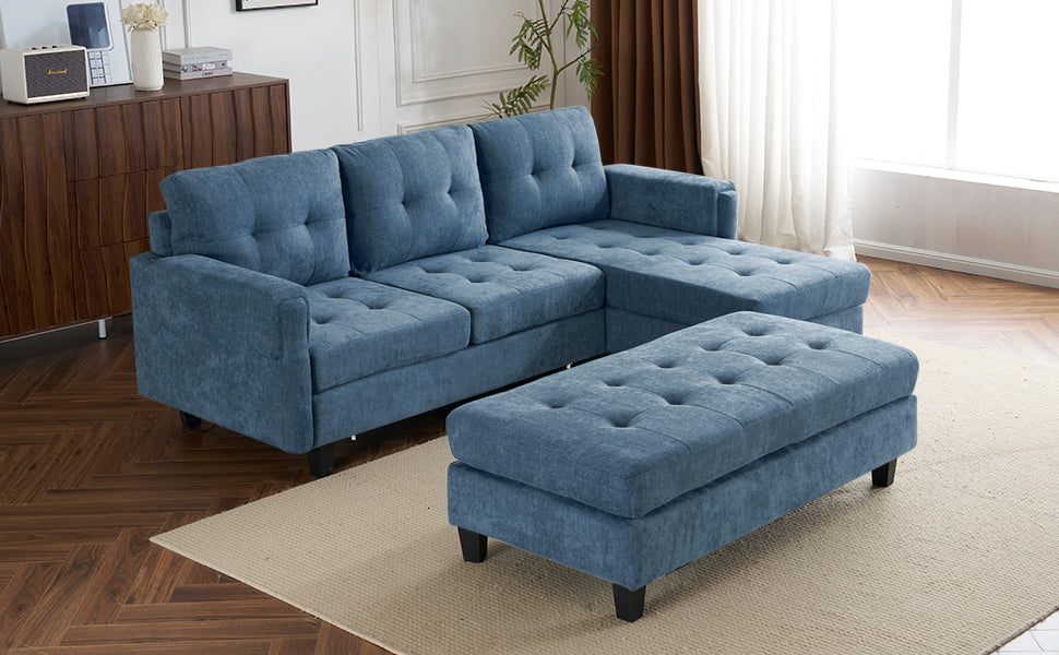 83.4" L-shaped Sofa Sectional Couch Sofa Bed with Two USB Ports, a Movable Ottoman and a Reversible Chaise Lounge for Living Room, Navy Blue