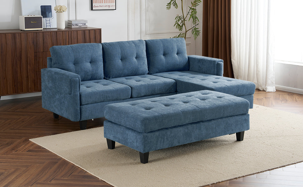 83.4" L-shaped Sofa Sectional Couch Sofa Bed with Two USB Ports, a Movable Ottoman and a Reversible Chaise Lounge for Living Room, Navy Blue