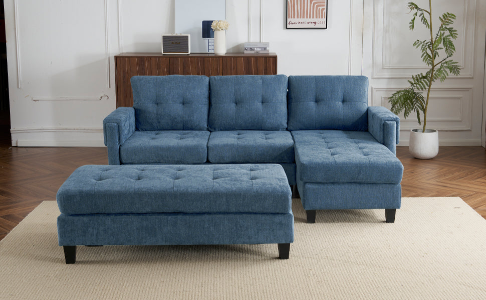 83.4" L-shaped Sofa Sectional Couch Sofa Bed with Two USB Ports, a Movable Ottoman and a Reversible Chaise Lounge for Living Room, Navy Blue