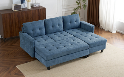 83.4" L-shaped Sofa Sectional Couch Sofa Bed with Two USB Ports, a Movable Ottoman and a Reversible Chaise Lounge for Living Room, Navy Blue