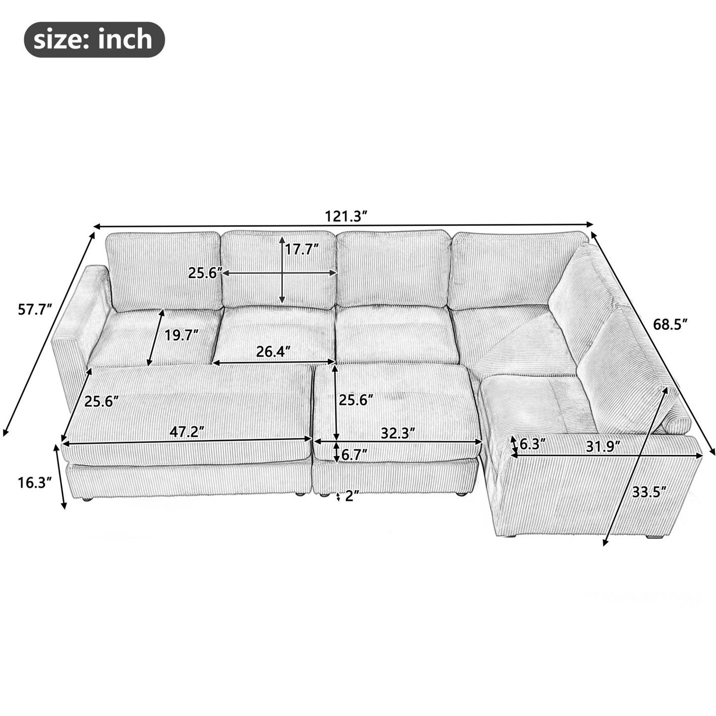 121.3" Sectional Couch Sofa Bed Modular Sofa with Two Movable Ottomans for Living Room (Old SKU:N719S001640E), Gray