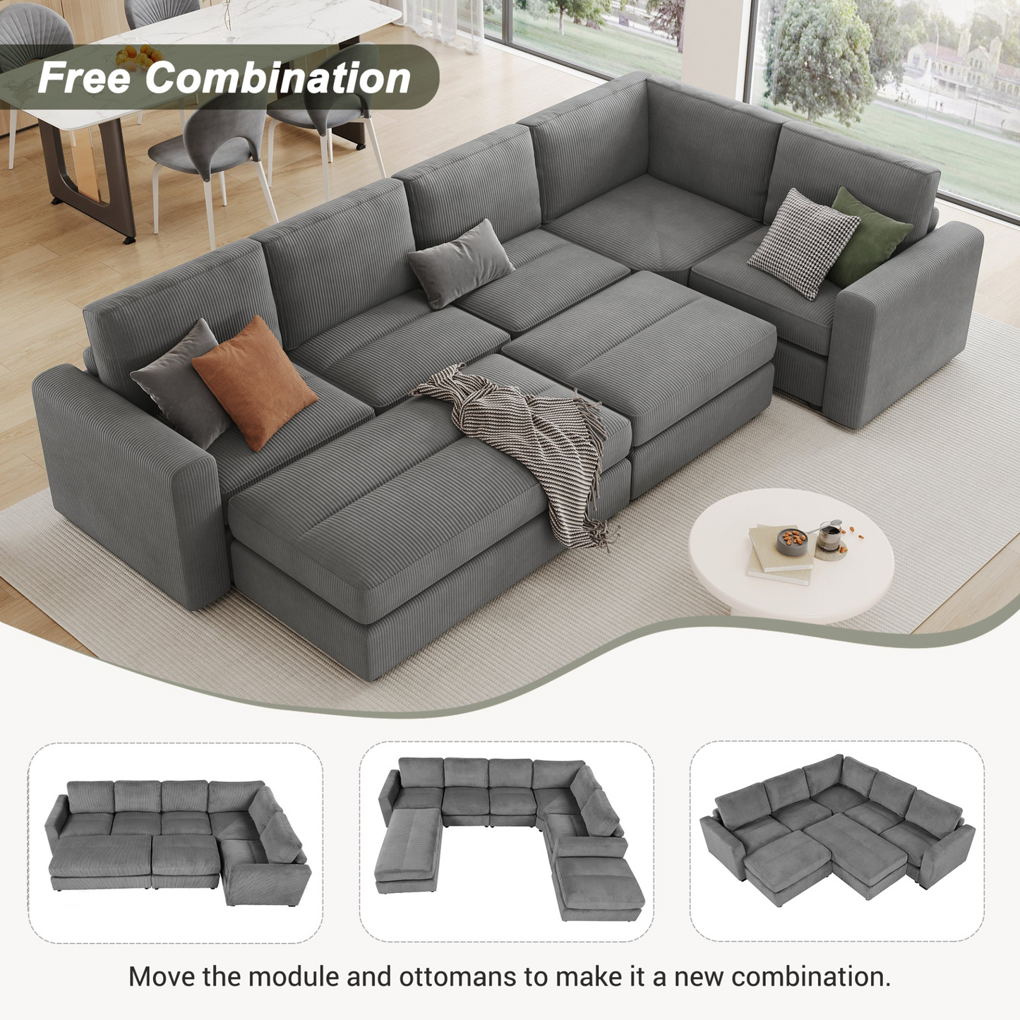 121.3" Sectional Couch Sofa Bed Modular Sofa with Two Movable Ottomans for Living Room (Old SKU:N719S001640E), Gray
