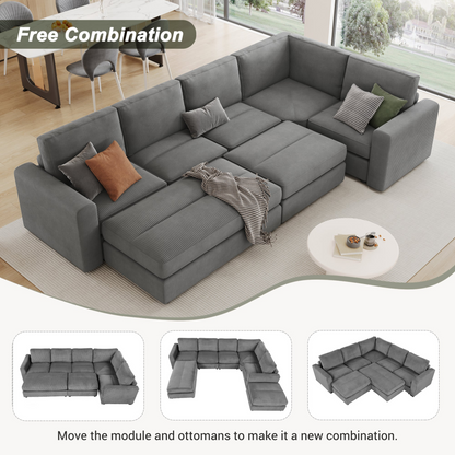 121.3" Sectional Couch Sofa Bed Modular Sofa with Two Movable Ottomans for Living Room (Old SKU:N719S001640E), Gray