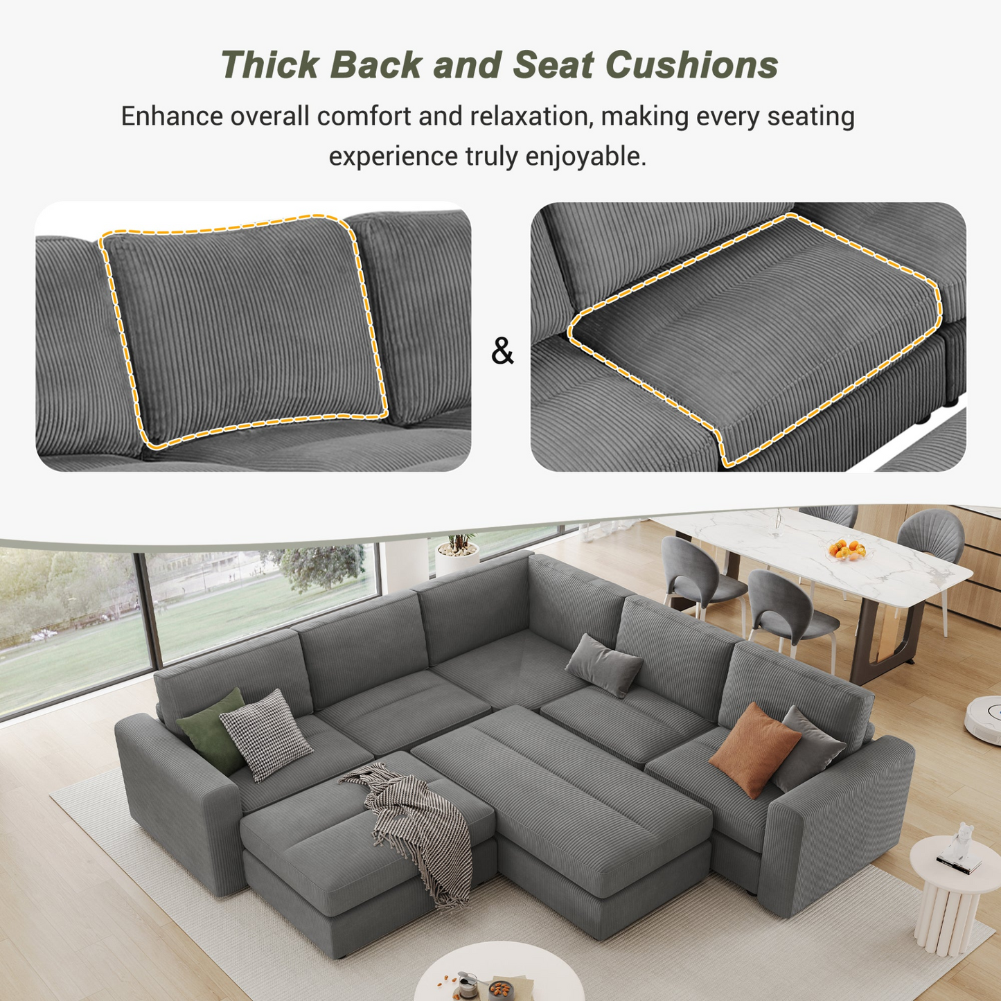 121.3" Sectional Couch Sofa Bed Modular Sofa with Two Movable Ottomans for Living Room (Old SKU:N719S001640E), Gray
