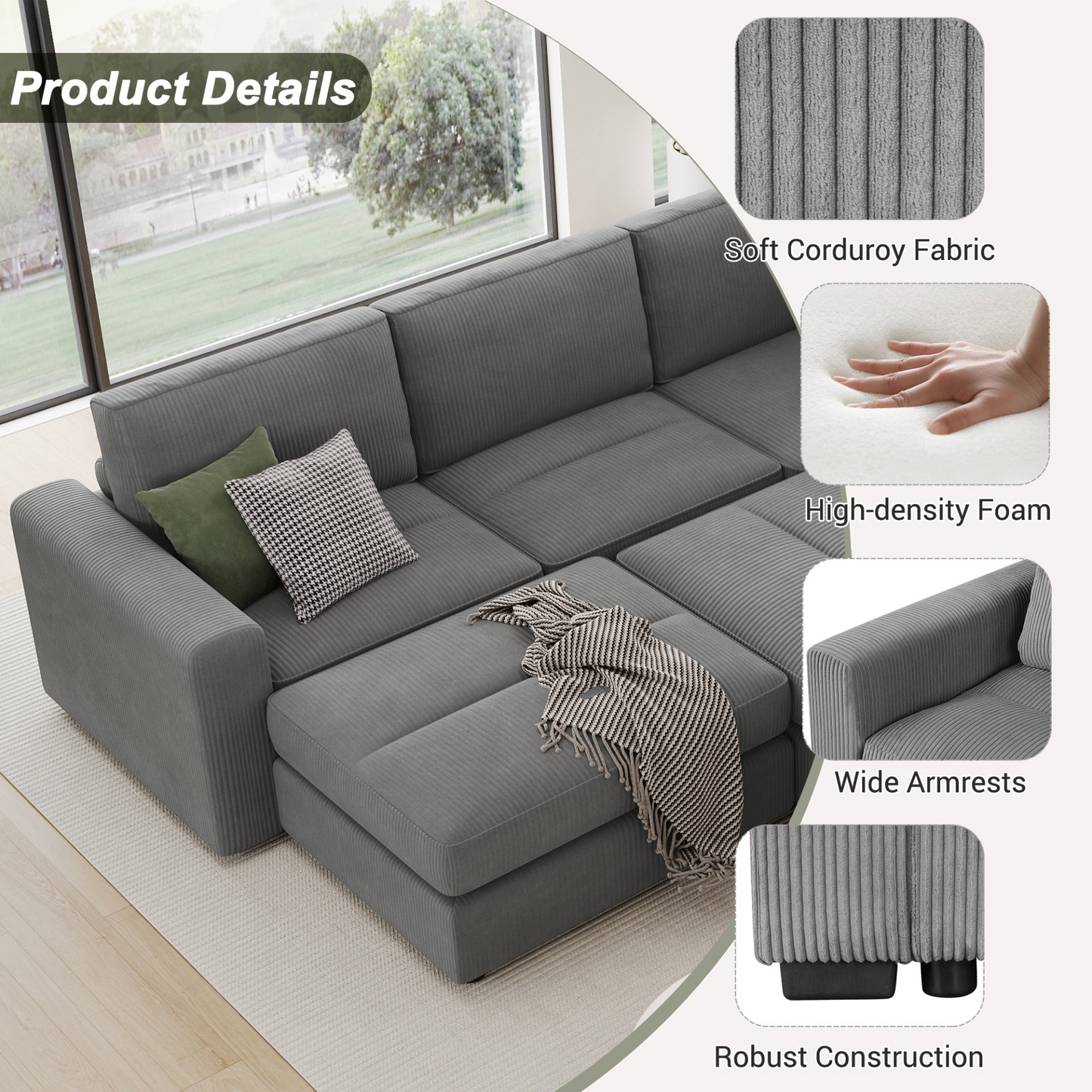 121.3" Sectional Couch Sofa Bed Modular Sofa with Two Movable Ottomans for Living Room (Old SKU:N719S001640E), Gray