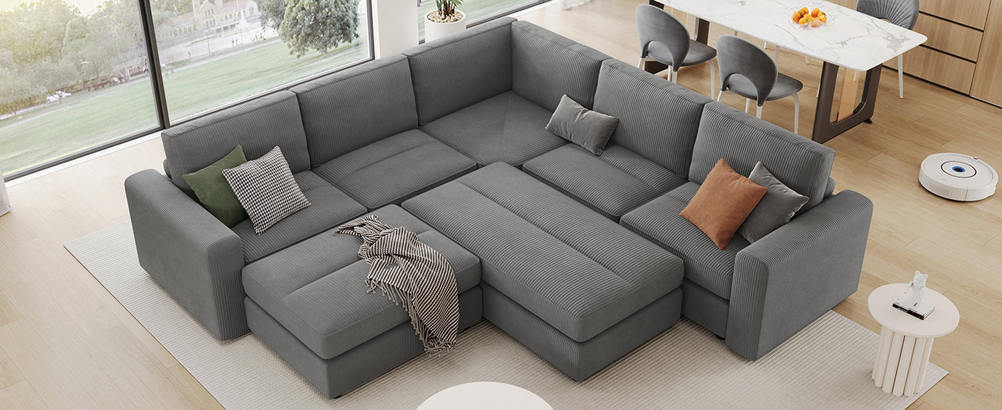 121.3" Sectional Couch Sofa Bed Modular Sofa with Two Movable Ottomans for Living Room (Old SKU:N719S001640E), Gray