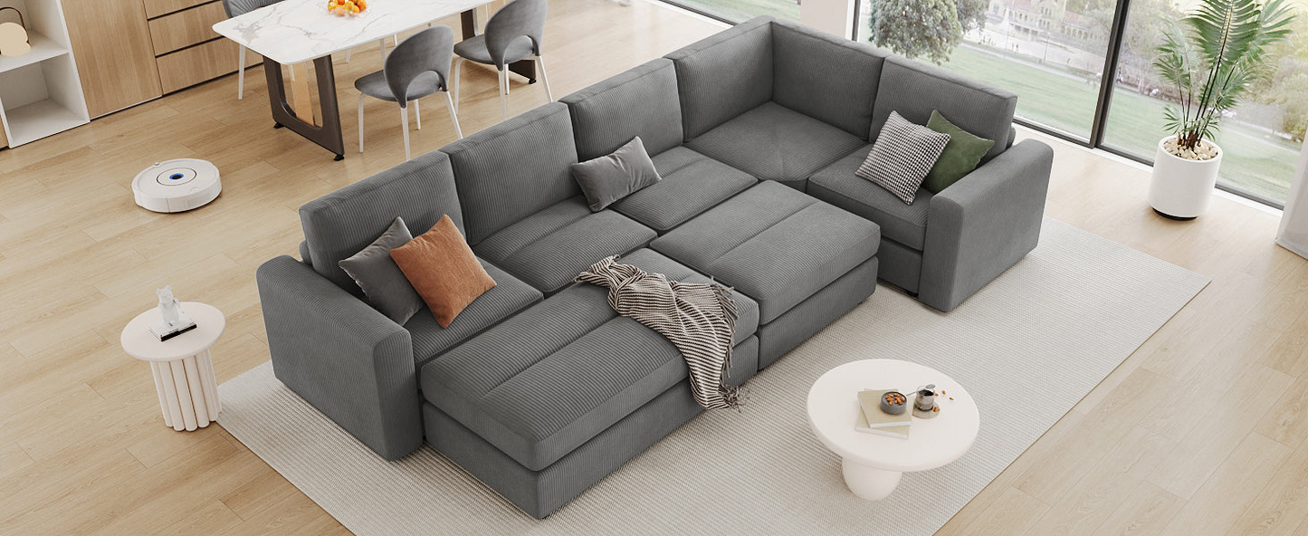121.3" Sectional Couch Sofa Bed Modular Sofa with Two Movable Ottomans for Living Room (Old SKU:N719S001640E), Gray