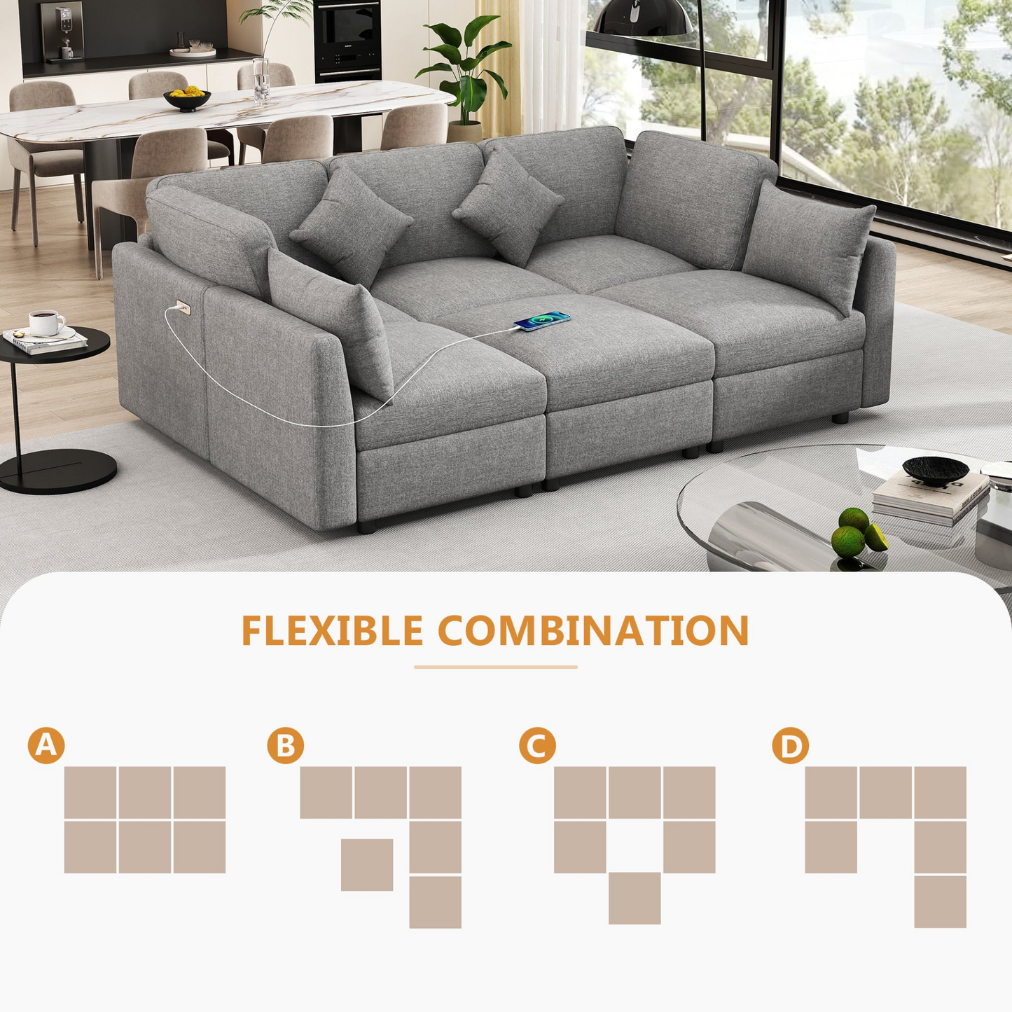 85.4" Sectional Sofa Modular Sofa U-shaped Sofa Couch Sofa Bed L-shaped Sofa with a Movable Ottoman and Two USB Ports for Living Room, Light Grey