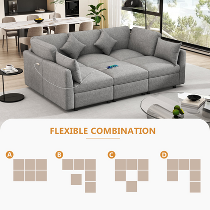 85.4" Sectional Sofa Modular Sofa U-shaped Sofa Couch Sofa Bed L-shaped Sofa with a Movable Ottoman and Two USB Ports for Living Room, Light Grey