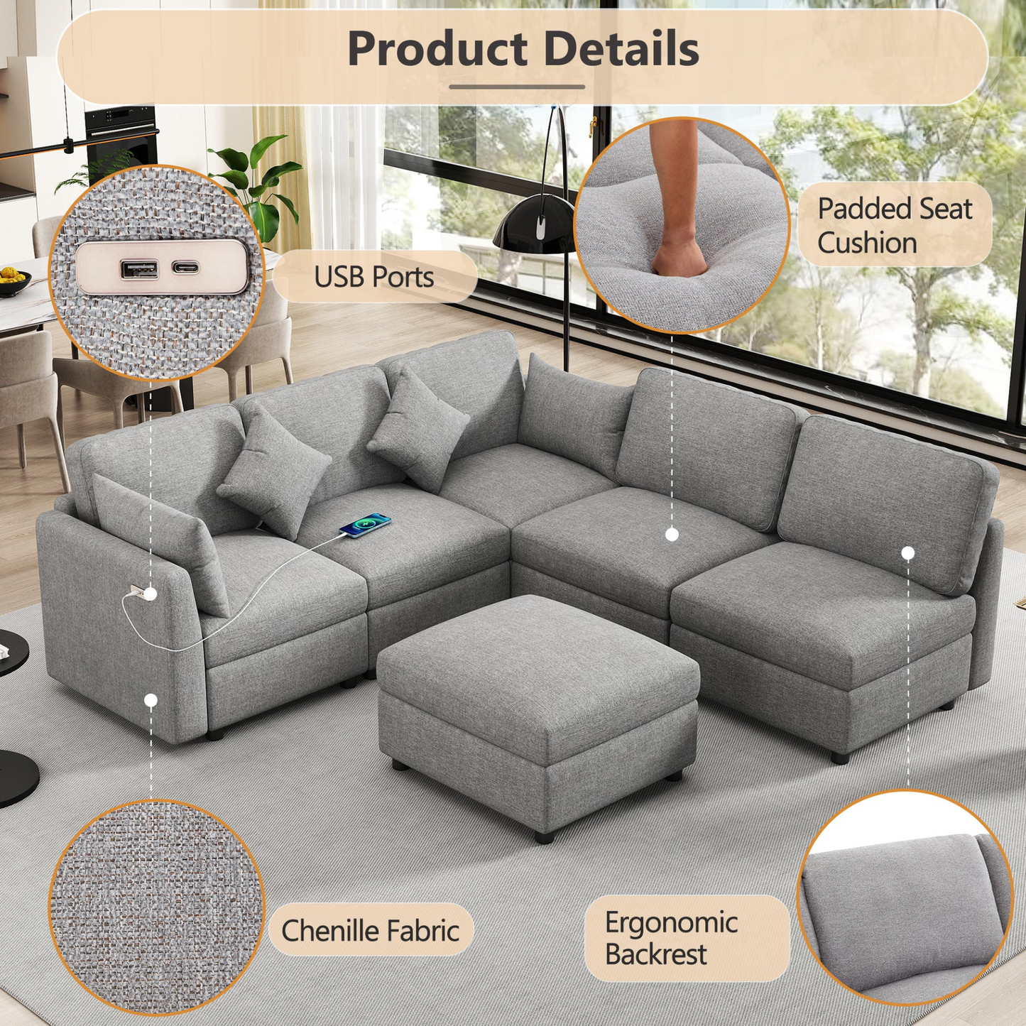 85.4" Sectional Sofa Modular Sofa U-shaped Sofa Couch Sofa Bed L-shaped Sofa with a Movable Ottoman and Two USB Ports for Living Room, Light Grey