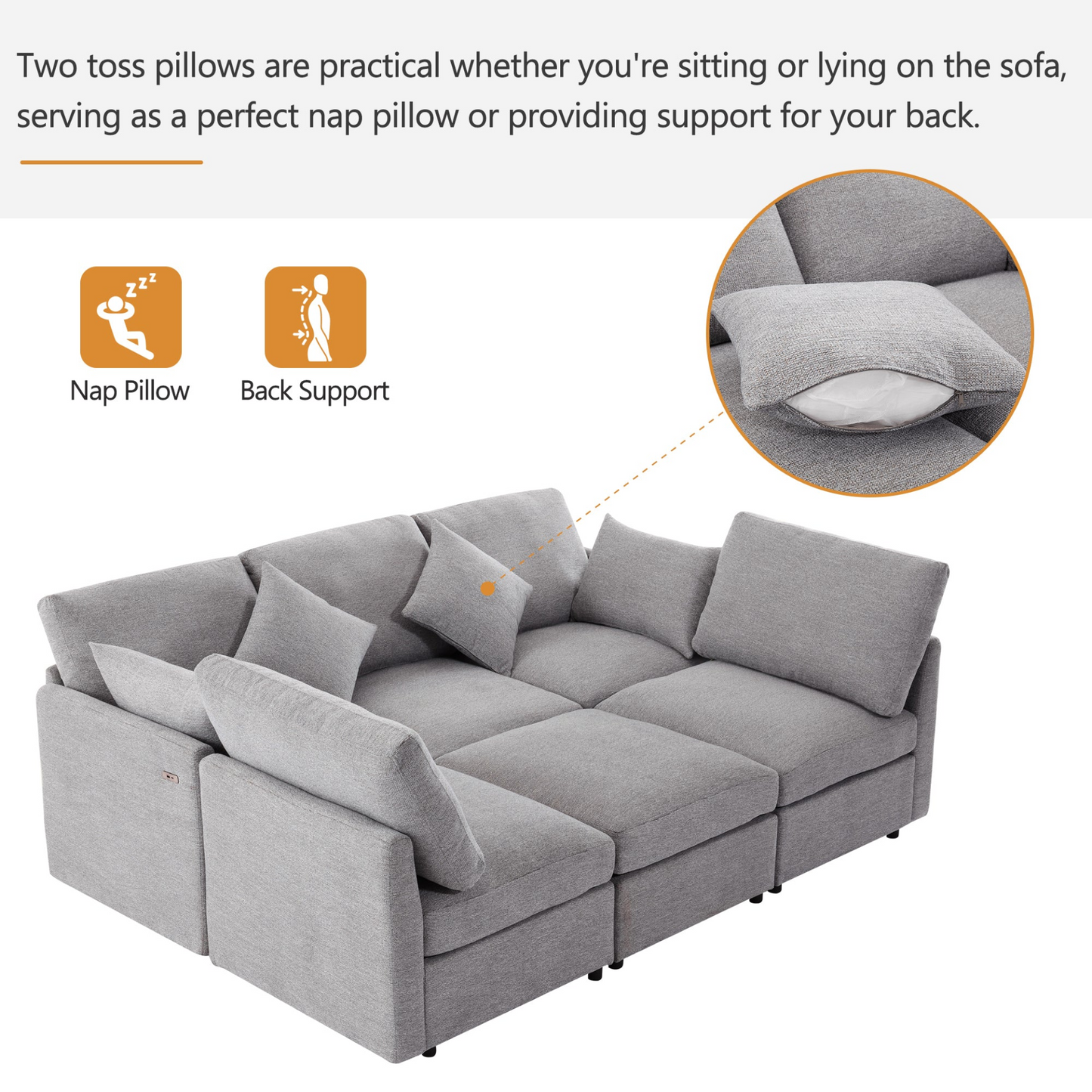 85.4" Sectional Sofa Modular Sofa U-shaped Sofa Couch Sofa Bed L-shaped Sofa with a Movable Ottoman and Two USB Ports for Living Room, Light Grey