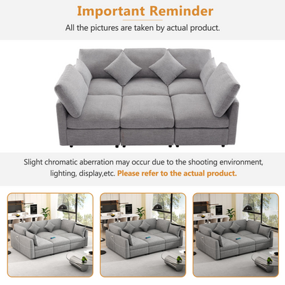 85.4" Sectional Sofa Modular Sofa U-shaped Sofa Couch Sofa Bed L-shaped Sofa with a Movable Ottoman and Two USB Ports for Living Room, Light Grey
