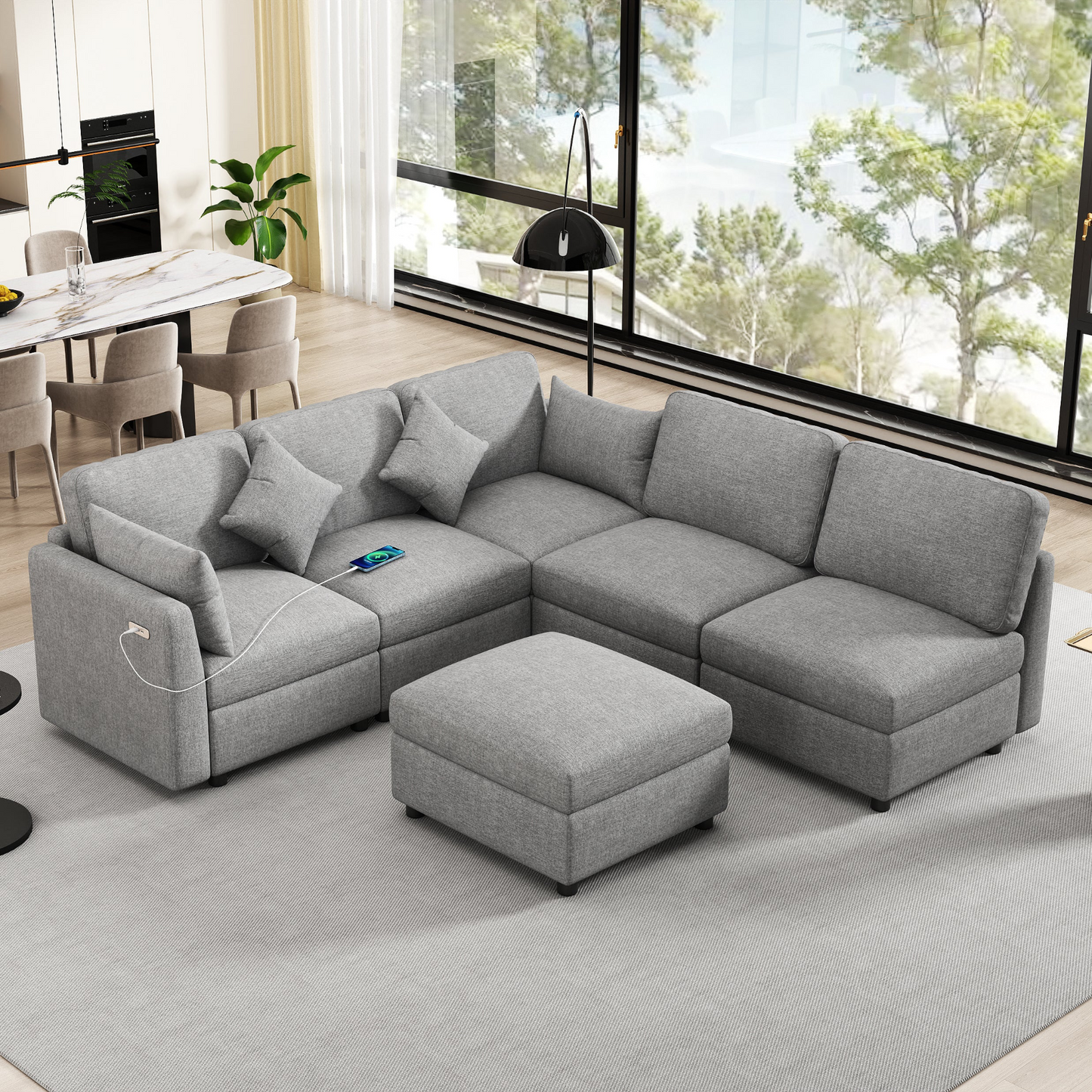 85.4" Sectional Sofa Modular Sofa U-shaped Sofa Couch Sofa Bed L-shaped Sofa with a Movable Ottoman and Two USB Ports for Living Room, Light Grey