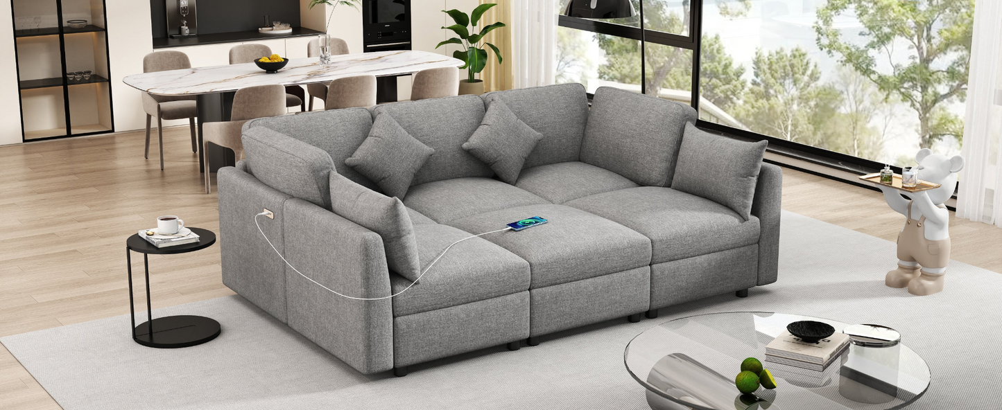 85.4" Sectional Sofa Modular Sofa U-shaped Sofa Couch Sofa Bed L-shaped Sofa with a Movable Ottoman and Two USB Ports for Living Room, Light Grey