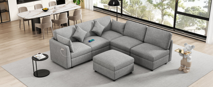 85.4" Sectional Sofa Modular Sofa U-shaped Sofa Couch Sofa Bed L-shaped Sofa with a Movable Ottoman and Two USB Ports for Living Room, Light Grey