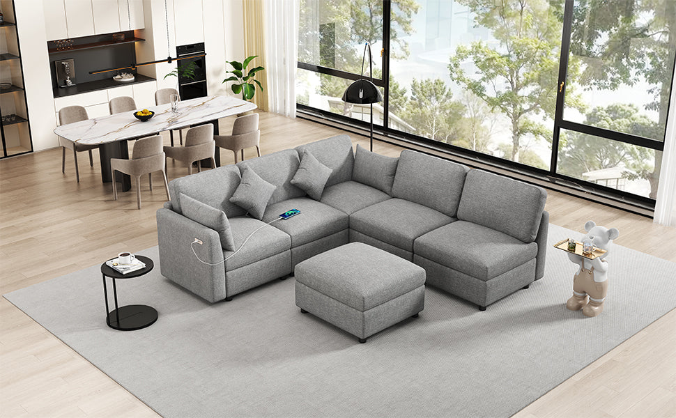 85.4" Sectional Sofa Modular Sofa U-shaped Sofa Couch Sofa Bed L-shaped Sofa with a Movable Ottoman and Two USB Ports for Living Room, Light Grey