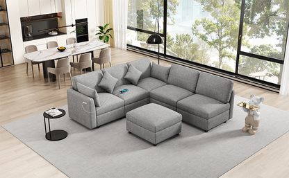 85.4" Sectional Sofa Modular Sofa U-shaped Sofa Couch Sofa Bed L-shaped Sofa with a Movable Ottoman and Two USB Ports for Living Room, Light Grey