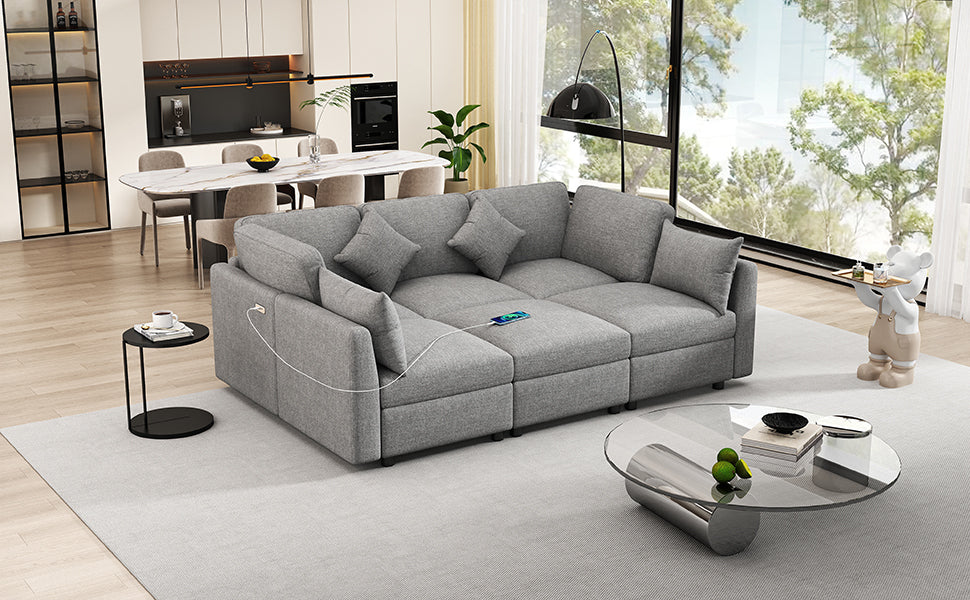 85.4" Sectional Sofa Modular Sofa U-shaped Sofa Couch Sofa Bed L-shaped Sofa with a Movable Ottoman and Two USB Ports for Living Room, Light Grey