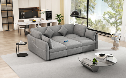 85.4" Sectional Sofa Modular Sofa U-shaped Sofa Couch Sofa Bed L-shaped Sofa with a Movable Ottoman and Two USB Ports for Living Room, Light Grey