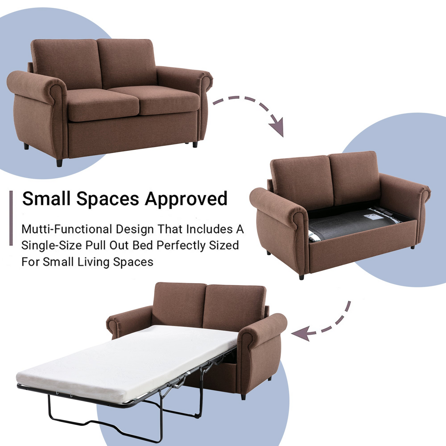 57.9 Pull Out Sofa Bed  Loveseat Sleeper with Twin Size Memory Mattress with Two USB Ports for Living Room Spaces  (Old SKU:WF305474AAD), Brown