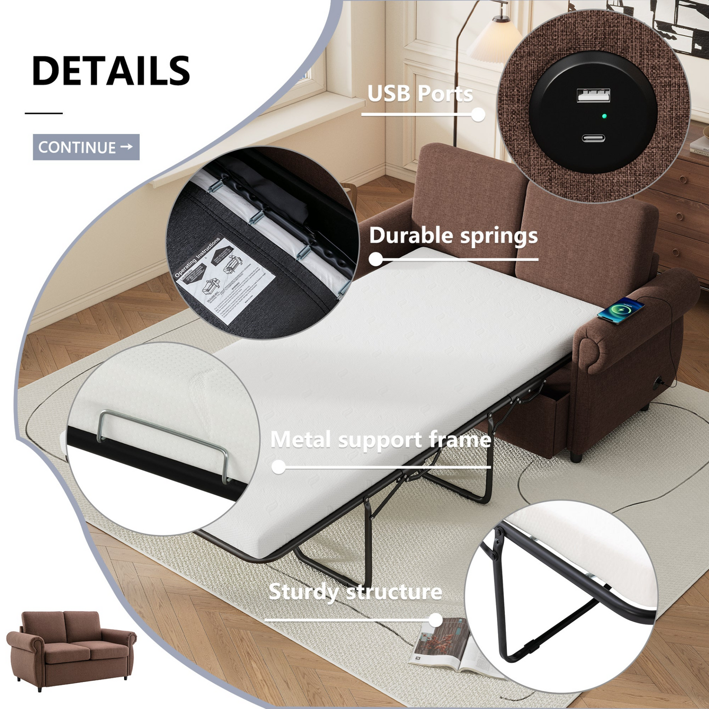57.9 Pull Out Sofa Bed  Loveseat Sleeper with Twin Size Memory Mattress with Two USB Ports for Living Room Spaces  (Old SKU:WF305474AAD), Brown