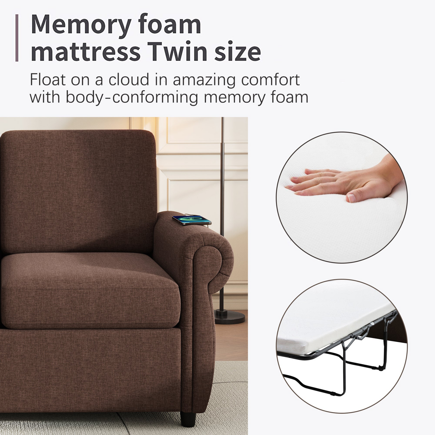 57.9 Pull Out Sofa Bed  Loveseat Sleeper with Twin Size Memory Mattress with Two USB Ports for Living Room Spaces  (Old SKU:WF305474AAD), Brown