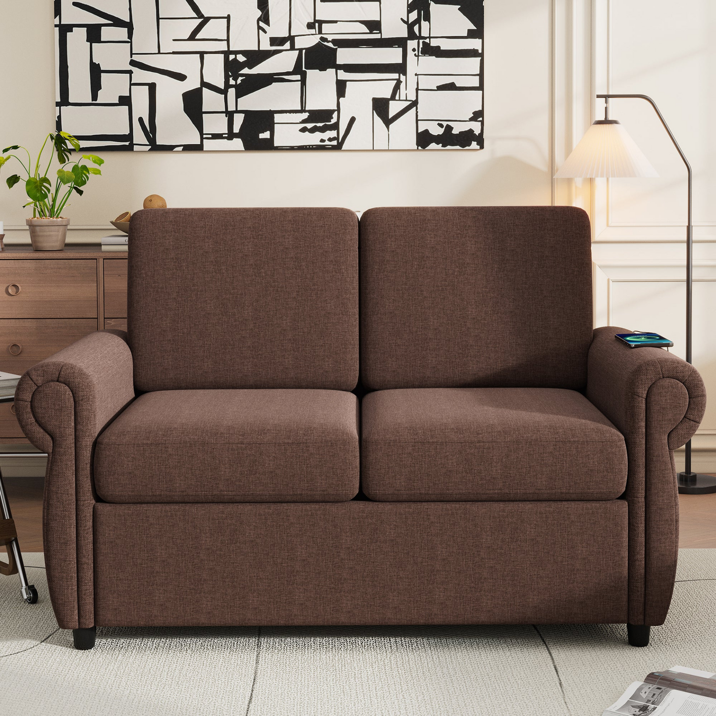 57.9 Pull Out Sofa Bed  Loveseat Sleeper with Twin Size Memory Mattress with Two USB Ports for Living Room Spaces  (Old SKU:WF305474AAD), Brown