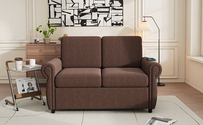 57.9 Pull Out Sofa Bed  Loveseat Sleeper with Twin Size Memory Mattress with Two USB Ports for Living Room Spaces  (Old SKU:WF305474AAD), Brown