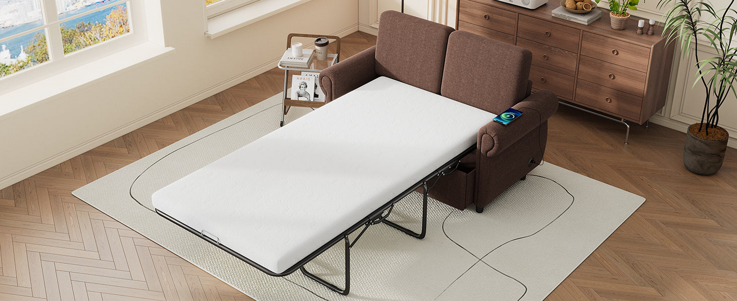 57.9 Pull Out Sofa Bed  Loveseat Sleeper with Twin Size Memory Mattress with Two USB Ports for Living Room Spaces  (Old SKU:WF305474AAD), Brown