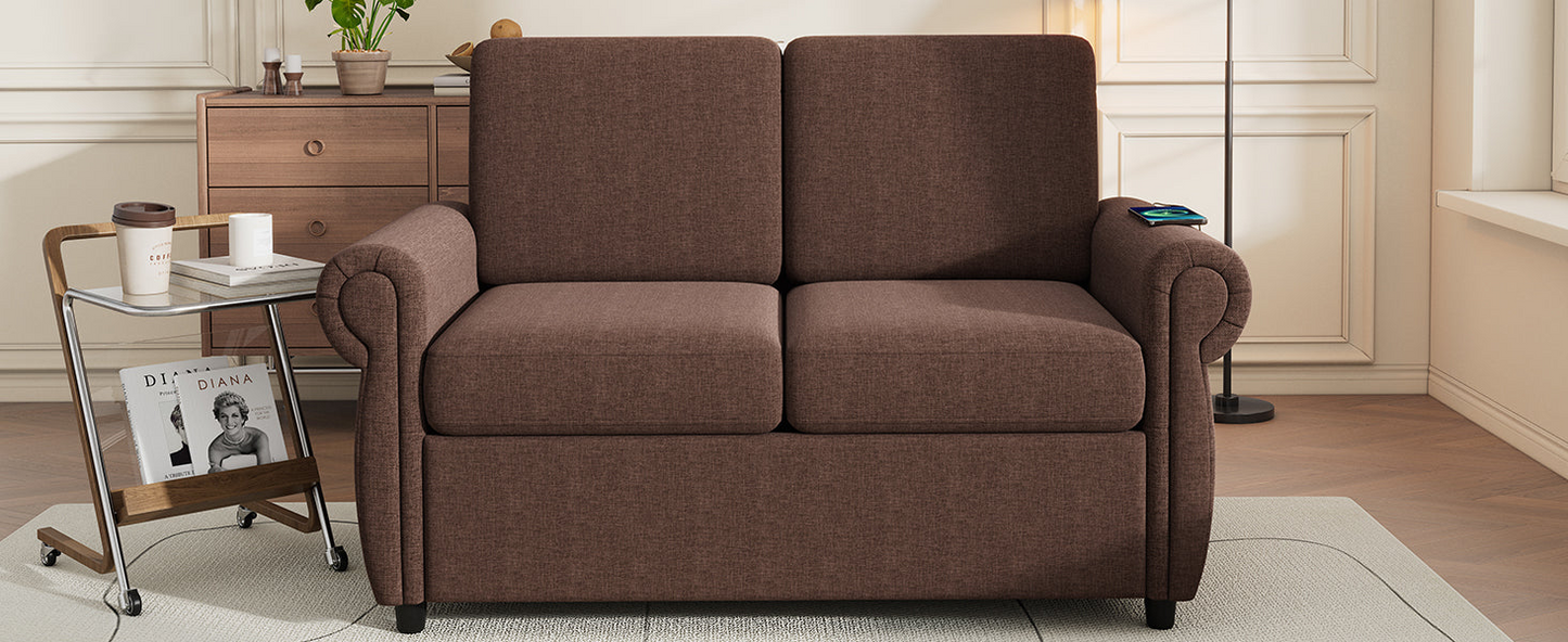 57.9 Pull Out Sofa Bed  Loveseat Sleeper with Twin Size Memory Mattress with Two USB Ports for Living Room Spaces  (Old SKU:WF305474AAD), Brown