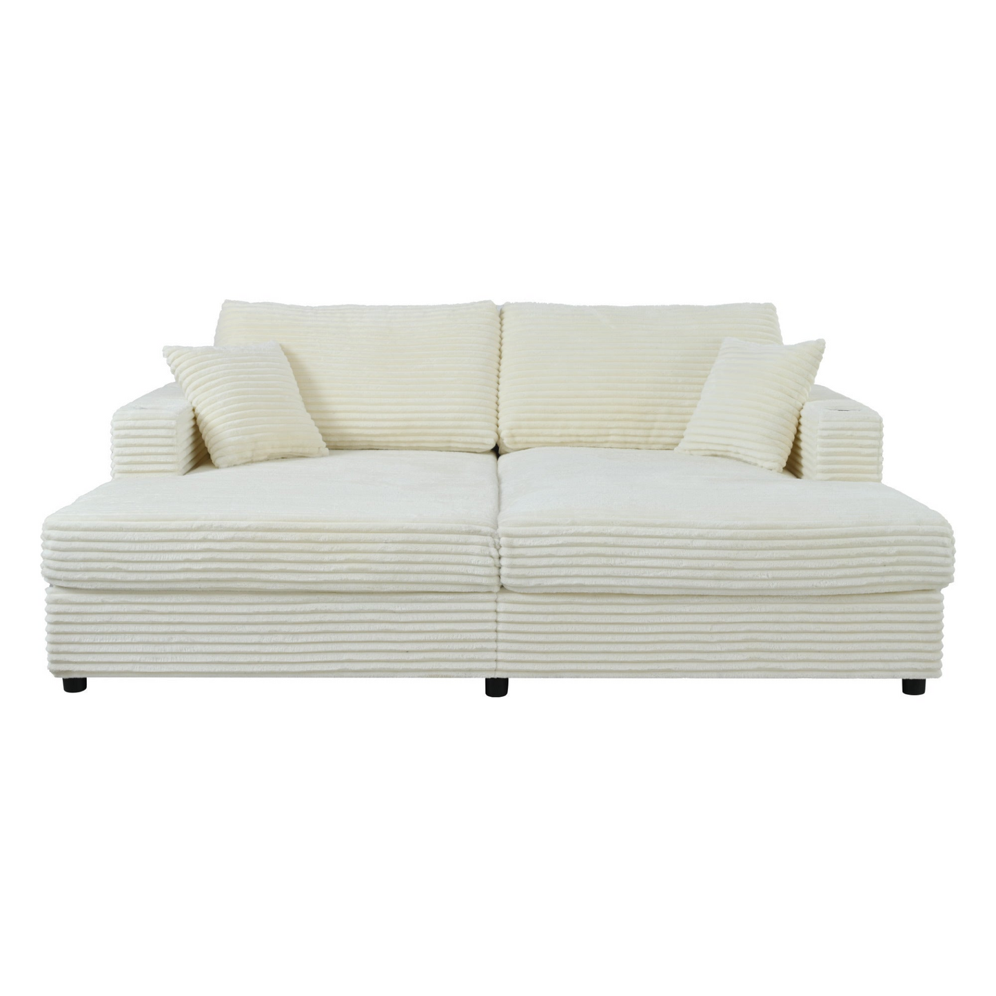 86.5" Oversized Loveseat Chaise Lounge Sectional Sofa Bed Corduroy Sleeper Sofa with Two USB Ports , Two Cup Holders and Two Throw Pillows for Living Room and Bedroom, Beige
