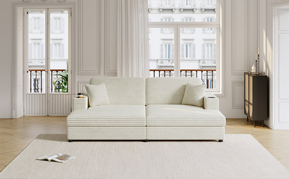 86.5" Oversized Loveseat Chaise Lounge Sectional Sofa Bed Corduroy Sleeper Sofa with Two USB Ports , Two Cup Holders and Two Throw Pillows for Living Room and Bedroom, Beige