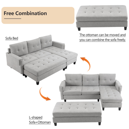 83.4" L-shaped Sofa Sectional Couch Sofa Bed with Two USB Ports, a Movable Ottoman and a Reversible Chaise Lounge for Living Room, Grey