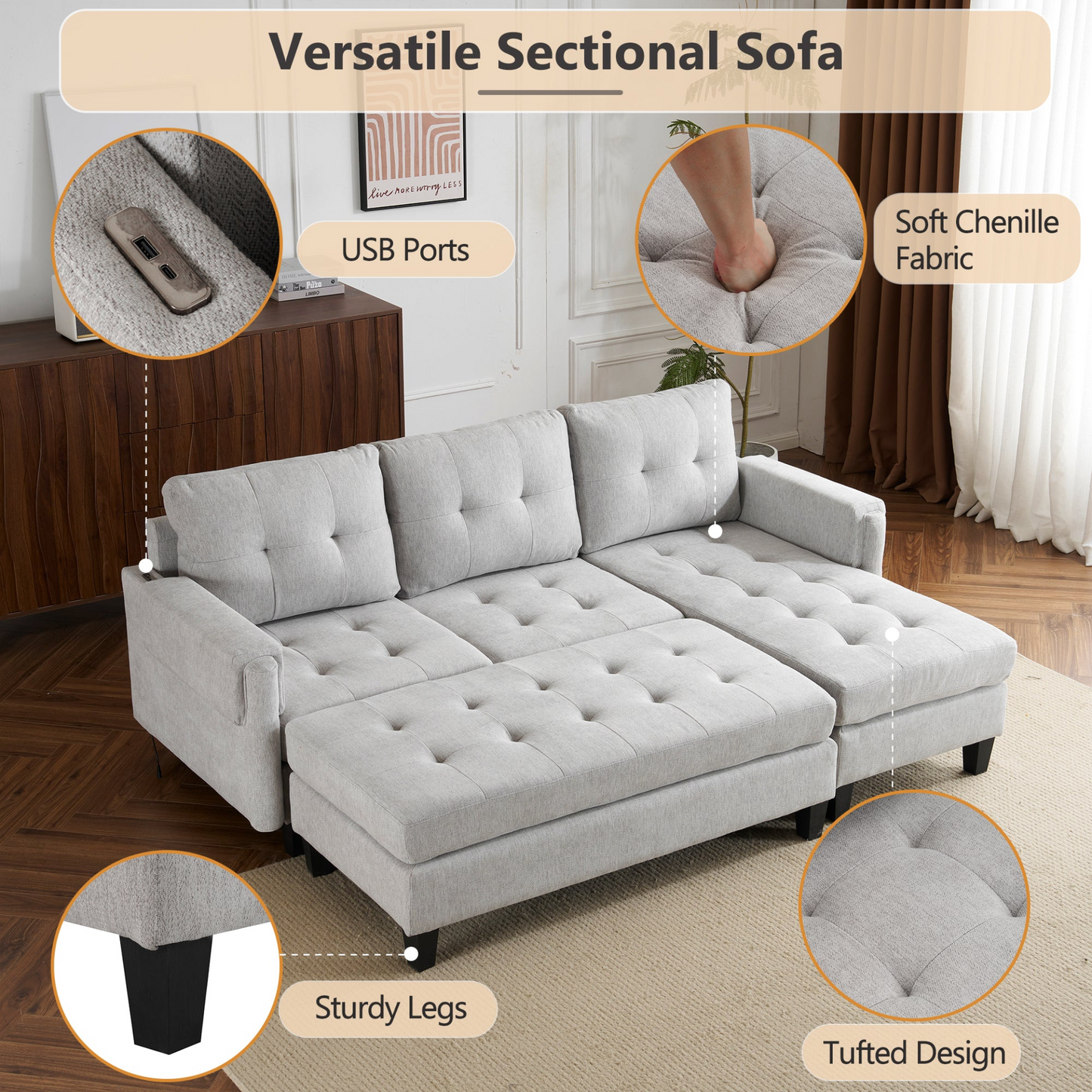 83.4" L-shaped Sofa Sectional Couch Sofa Bed with Two USB Ports, a Movable Ottoman and a Reversible Chaise Lounge for Living Room, Grey