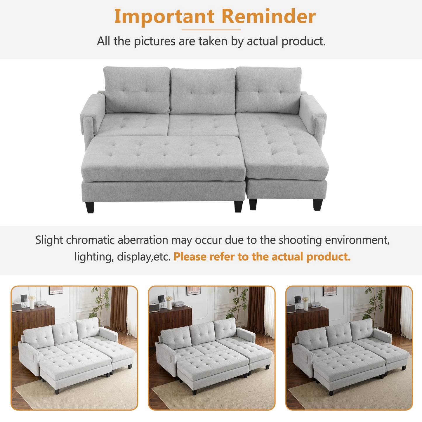 83.4" L-shaped Sofa Sectional Couch Sofa Bed with Two USB Ports, a Movable Ottoman and a Reversible Chaise Lounge for Living Room, Grey