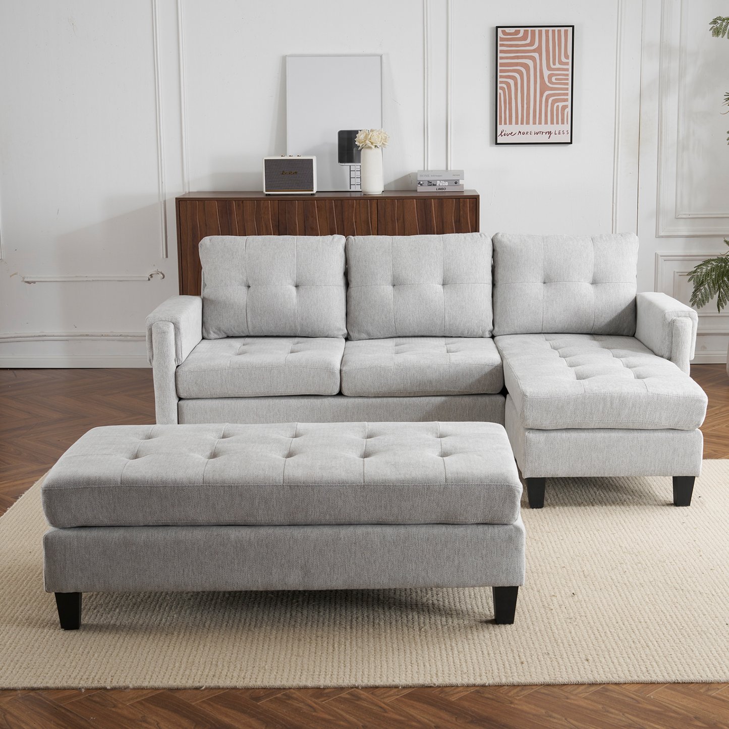 83.4" L-shaped Sofa Sectional Couch Sofa Bed with Two USB Ports, a Movable Ottoman and a Reversible Chaise Lounge for Living Room, Grey