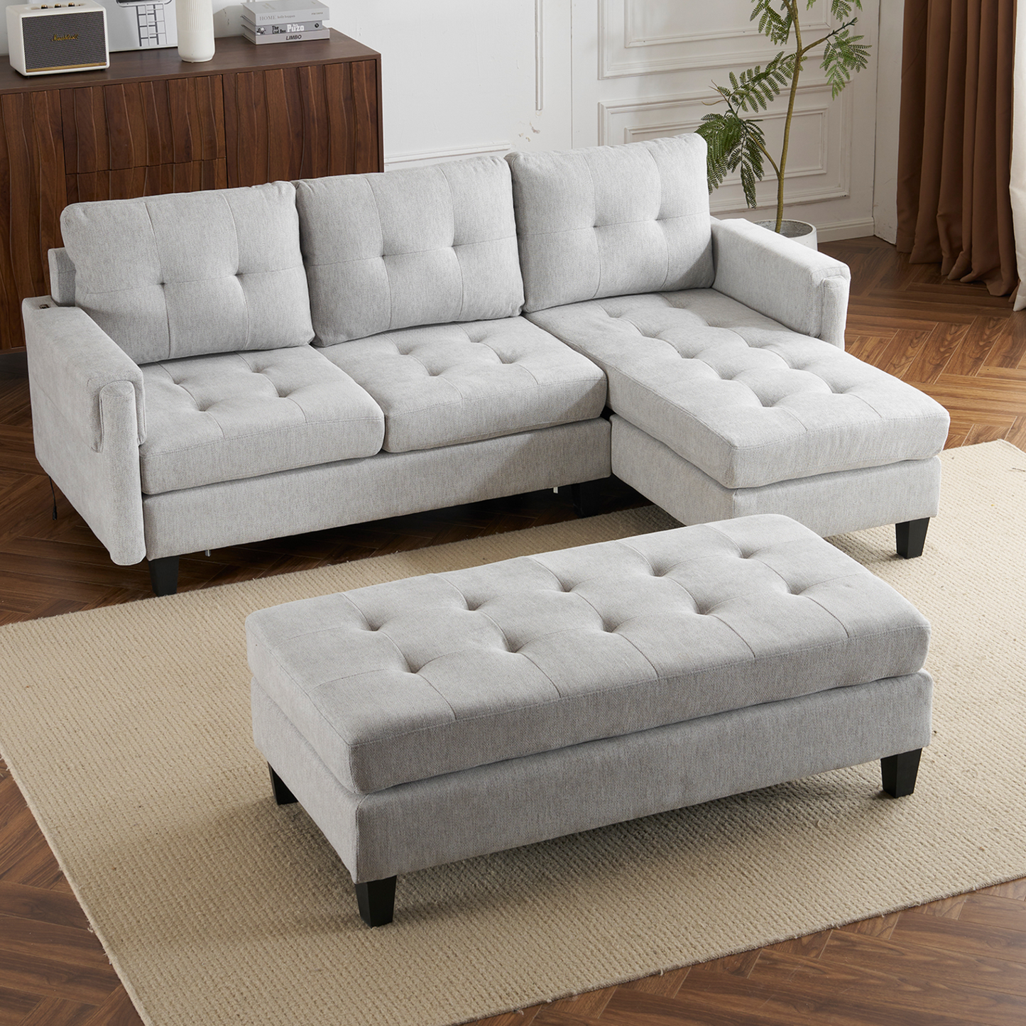 83.4" L-shaped Sofa Sectional Couch Sofa Bed with Two USB Ports, a Movable Ottoman and a Reversible Chaise Lounge for Living Room, Grey