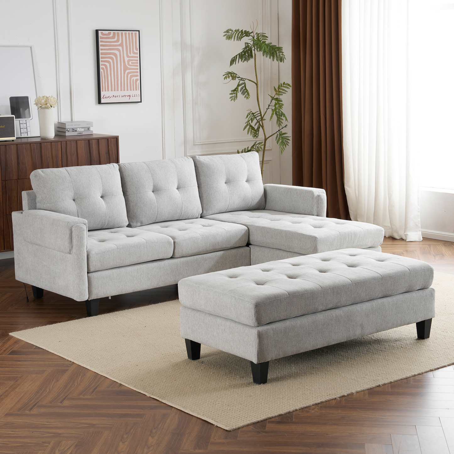 83.4" L-shaped Sofa Sectional Couch Sofa Bed with Two USB Ports, a Movable Ottoman and a Reversible Chaise Lounge for Living Room, Grey