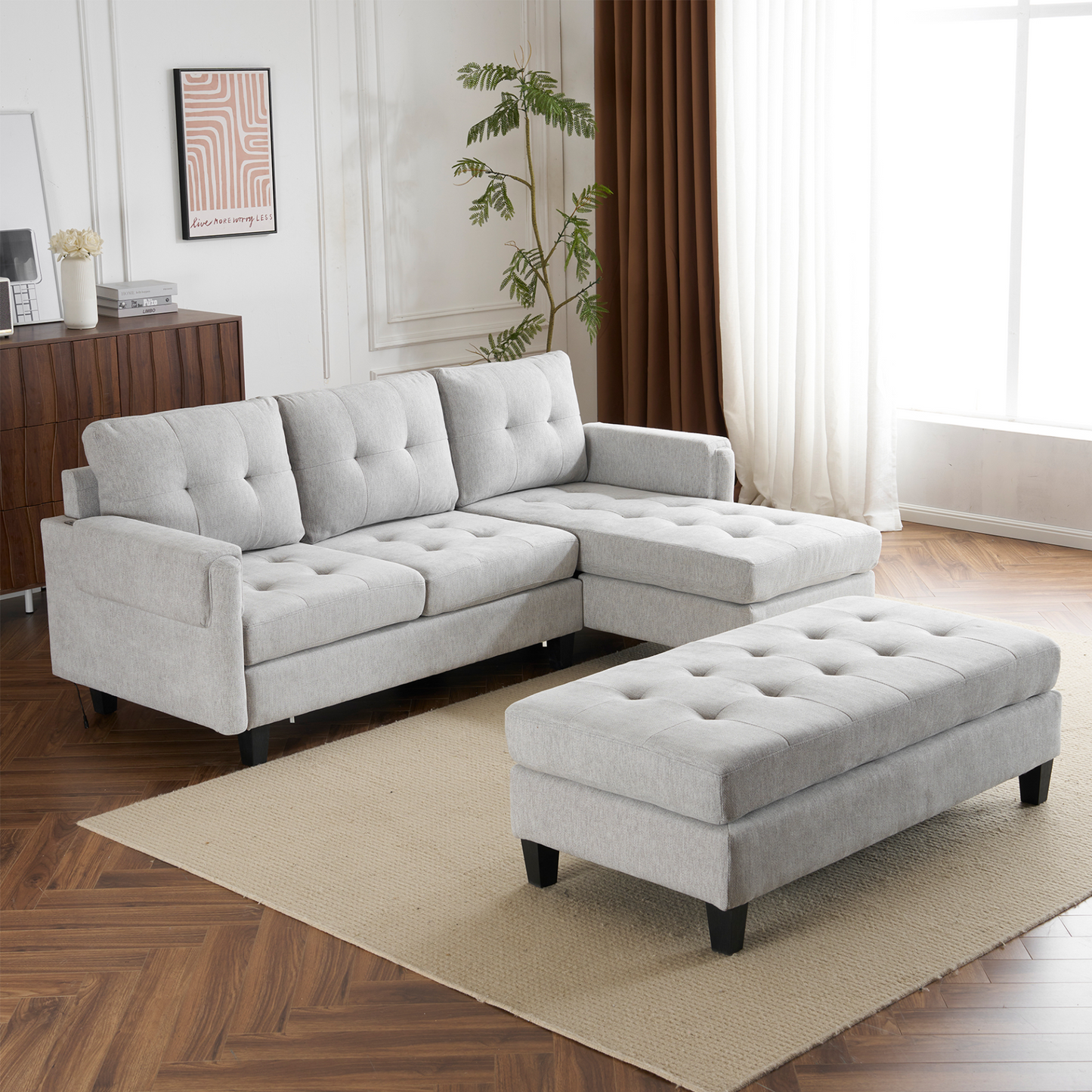 83.4" L-shaped Sofa Sectional Couch Sofa Bed with Two USB Ports, a Movable Ottoman and a Reversible Chaise Lounge for Living Room, Grey