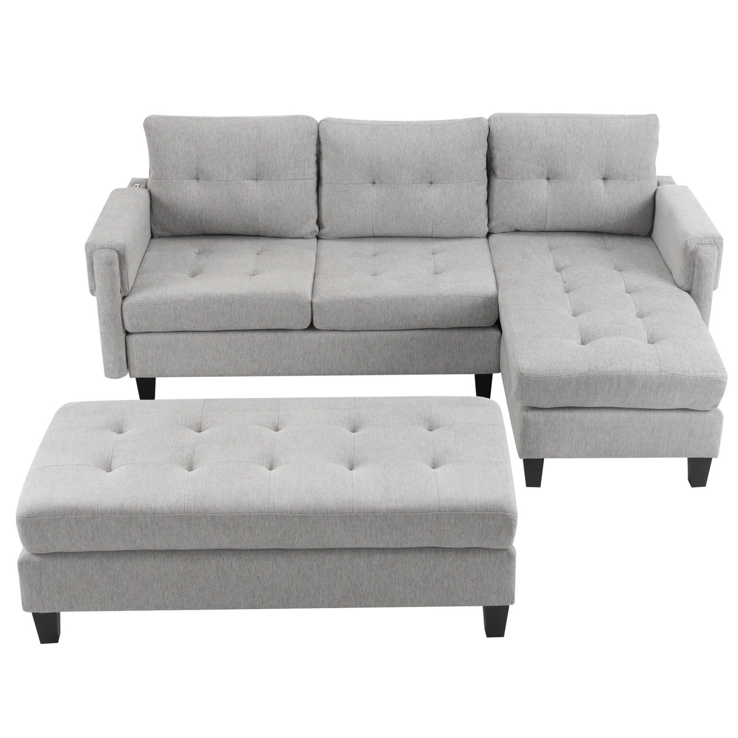 83.4" L-shaped Sofa Sectional Couch Sofa Bed with Two USB Ports, a Movable Ottoman and a Reversible Chaise Lounge for Living Room, Grey