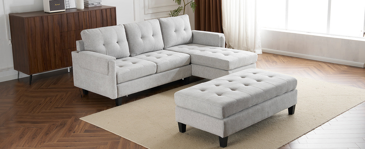 83.4" L-shaped Sofa Sectional Couch Sofa Bed with Two USB Ports, a Movable Ottoman and a Reversible Chaise Lounge for Living Room, Grey