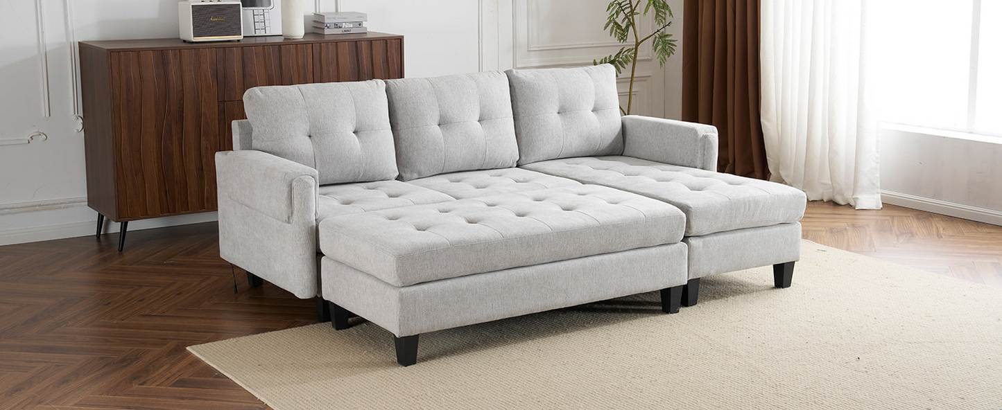 83.4" L-shaped Sofa Sectional Couch Sofa Bed with Two USB Ports, a Movable Ottoman and a Reversible Chaise Lounge for Living Room, Grey