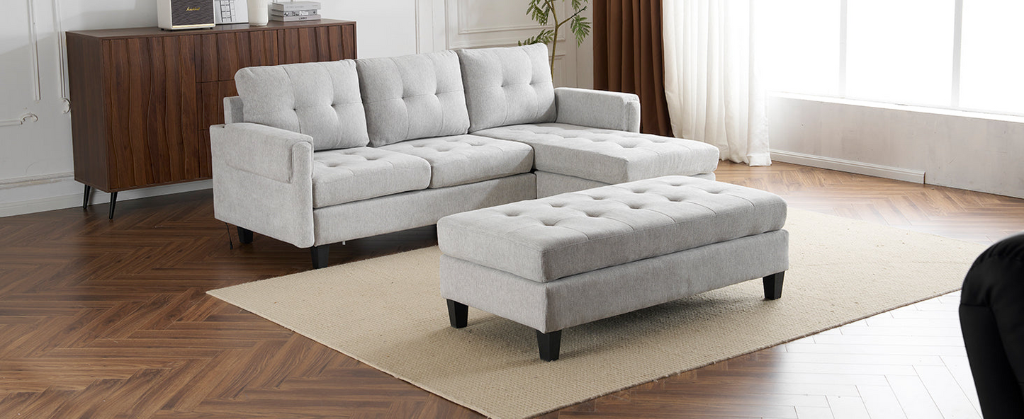 83.4" L-shaped Sofa Sectional Couch Sofa Bed with Two USB Ports, a Movable Ottoman and a Reversible Chaise Lounge for Living Room, Grey