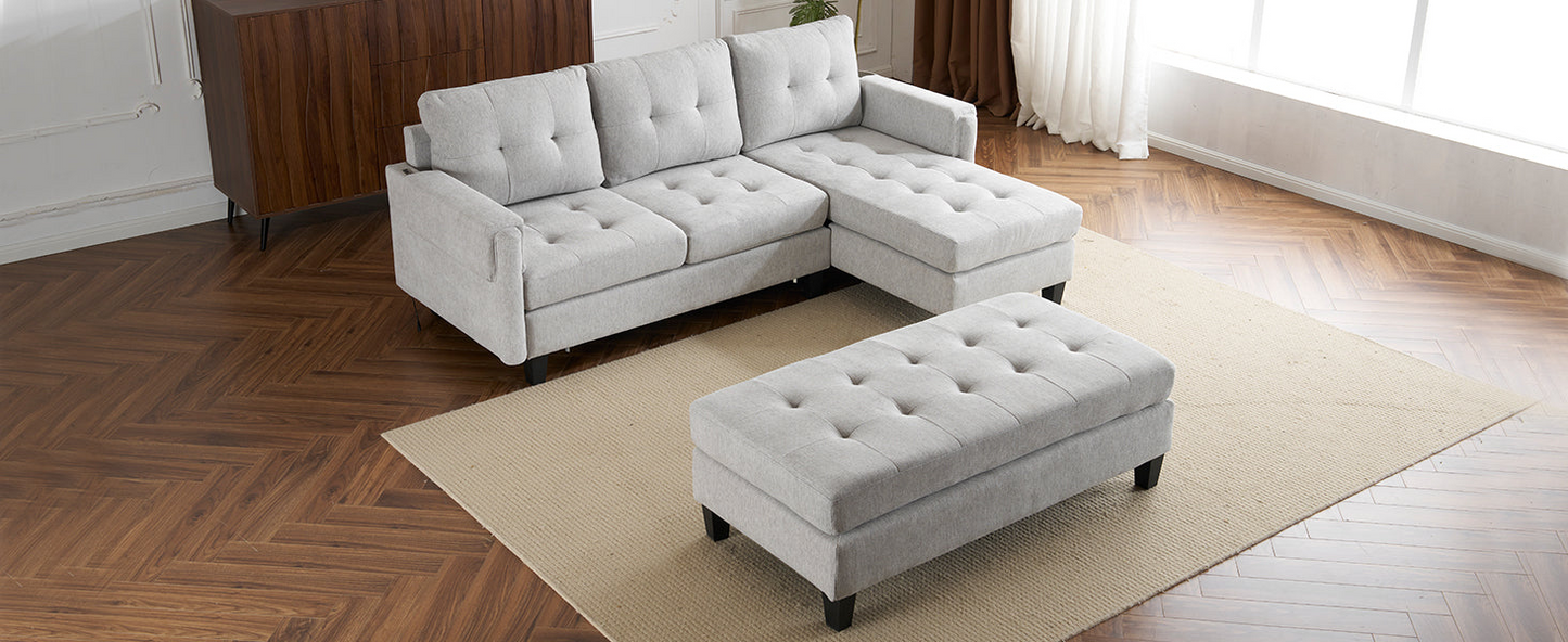 83.4" L-shaped Sofa Sectional Couch Sofa Bed with Two USB Ports, a Movable Ottoman and a Reversible Chaise Lounge for Living Room, Grey