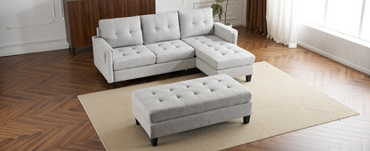 83.4" L-shaped Sofa Sectional Couch Sofa Bed with Two USB Ports, a Movable Ottoman and a Reversible Chaise Lounge for Living Room, Grey
