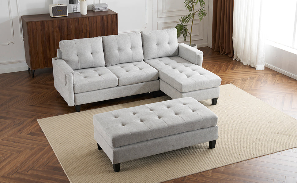 83.4" L-shaped Sofa Sectional Couch Sofa Bed with Two USB Ports, a Movable Ottoman and a Reversible Chaise Lounge for Living Room, Grey