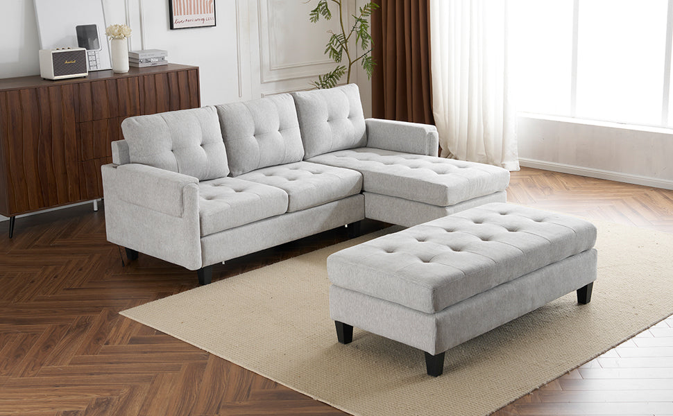 83.4" L-shaped Sofa Sectional Couch Sofa Bed with Two USB Ports, a Movable Ottoman and a Reversible Chaise Lounge for Living Room, Grey