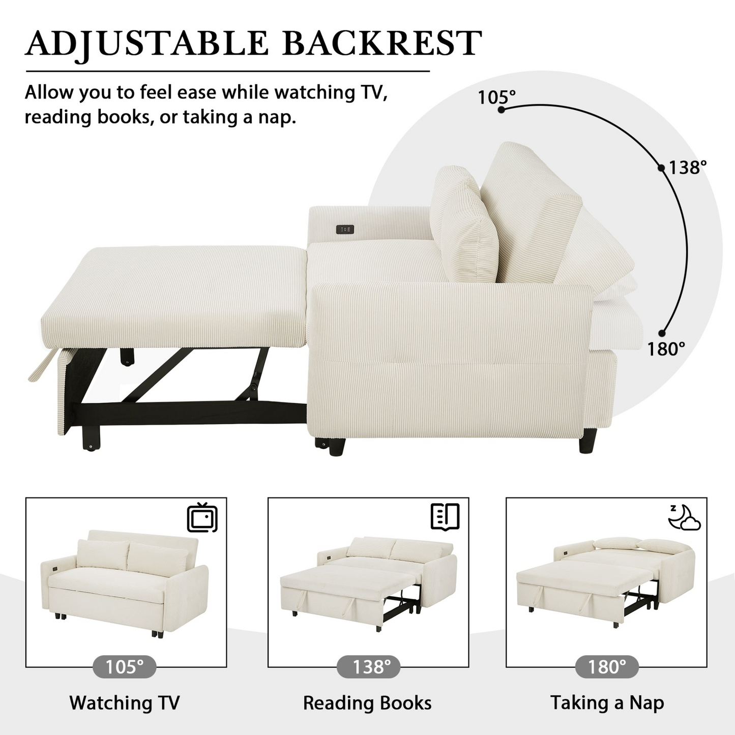 57.48" Pull-out Sofa Bed Convertible Couch 2 Seat Loveseat Sofa Modern Sleeper Sofa with Two Throw Pillows and USB Ports for Living Room, Beige(Old Sku:WF317760AAA)